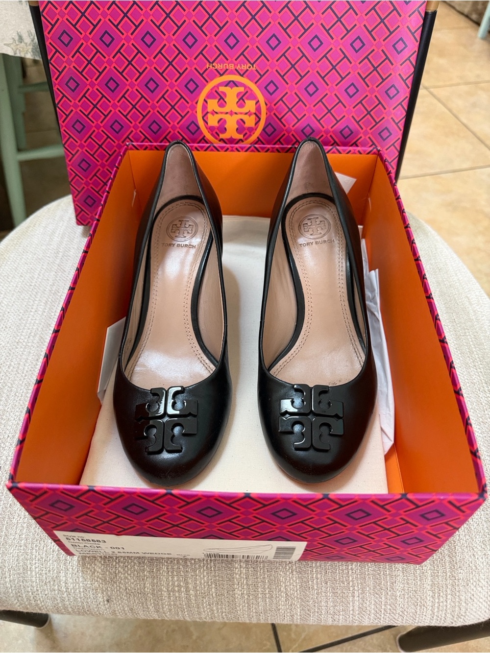 Tory Burch Black Leather Heels with Logo Toe